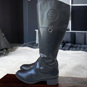 Etienne Aigner Chastity Black Knee High‎ Riding Boots Womens 8.5M Side Zip Logo